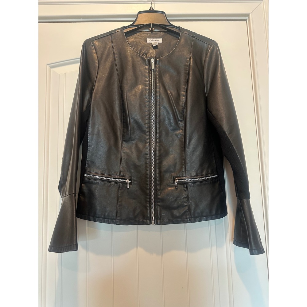Calvin Klein Womens Black Faux Leather Bell Sleeve Zip Up Jacket Large RN54163